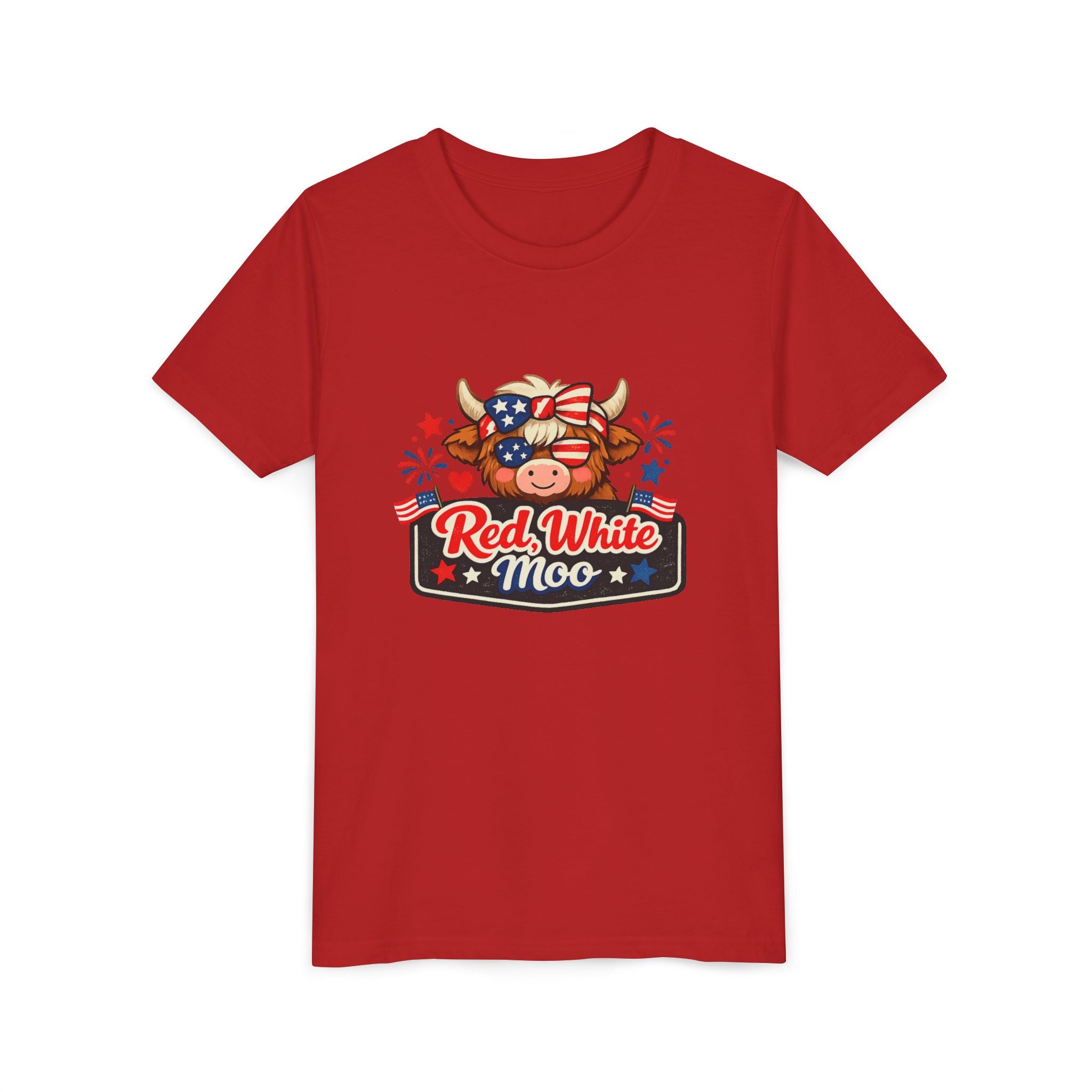 Red White Moo Cow Youth Tee | Patriotic Fourth of July Kids Shirt